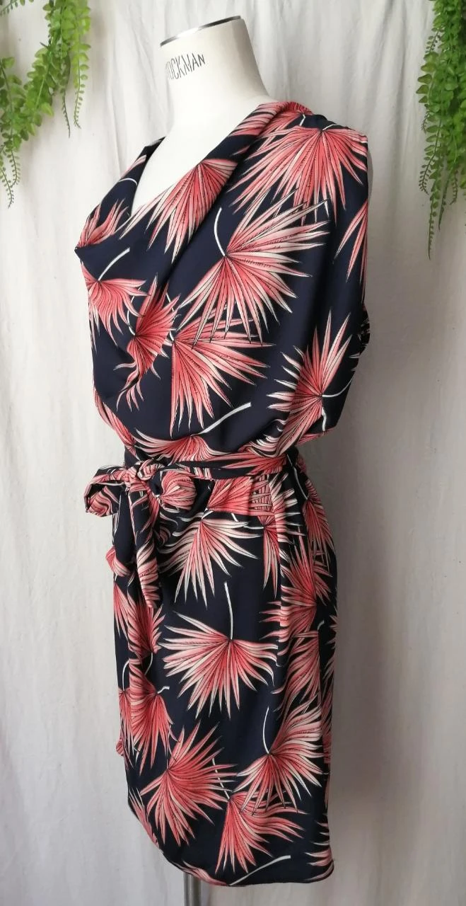 Draped dress tropical print & cowl neck "Vintage Love" - Made in France – photo 2